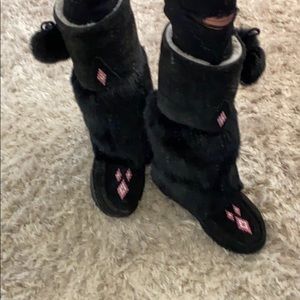 Tall Mukluks- Black with pink and white beading